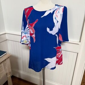 Gibson Latimer Blue Floral Flutter Sleeve Blouse Scoop Back Strap Top Large